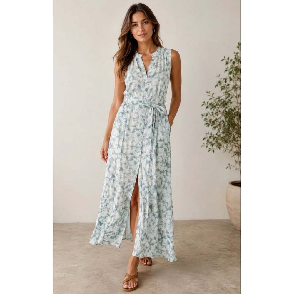 Cloth & Stone Anthropologie Maxi Dress Womens L Blue White Floral Button Front